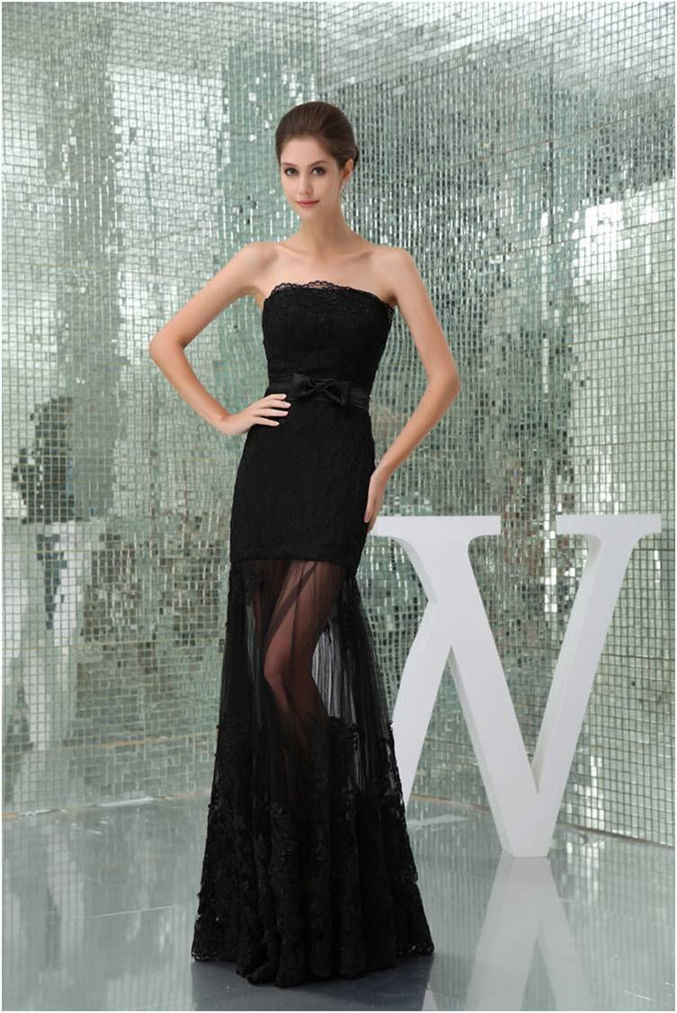 strapless black prom dress with sheer skirt