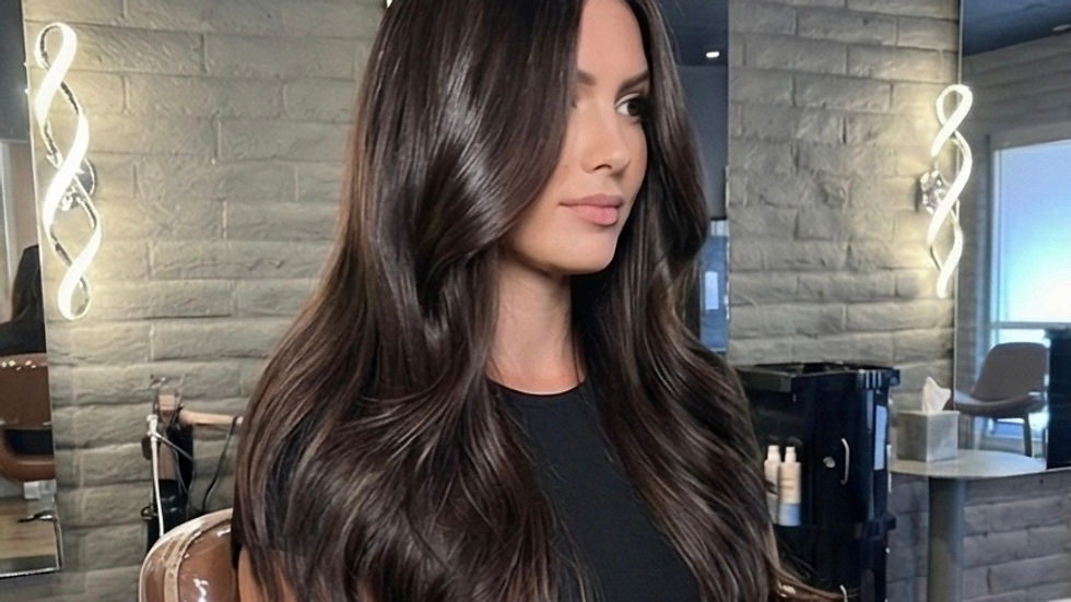 Woman with long, dark, wavy hair, professional salon setting, looking elegant.