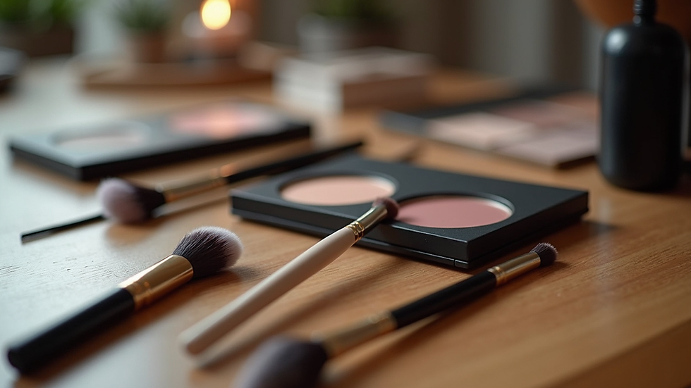 Eye-level view of makeup brushes and palettes arranged neatly on a wooden table