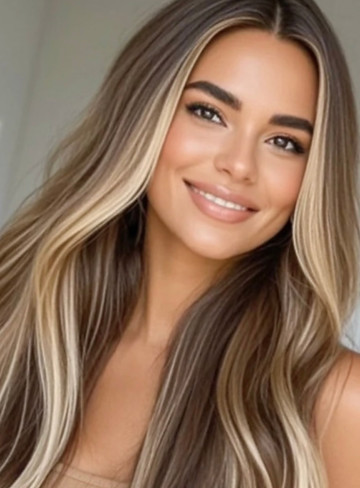 Smiling woman with long wavy hair, balayage, and highlighting, beauty portrait, close-up.