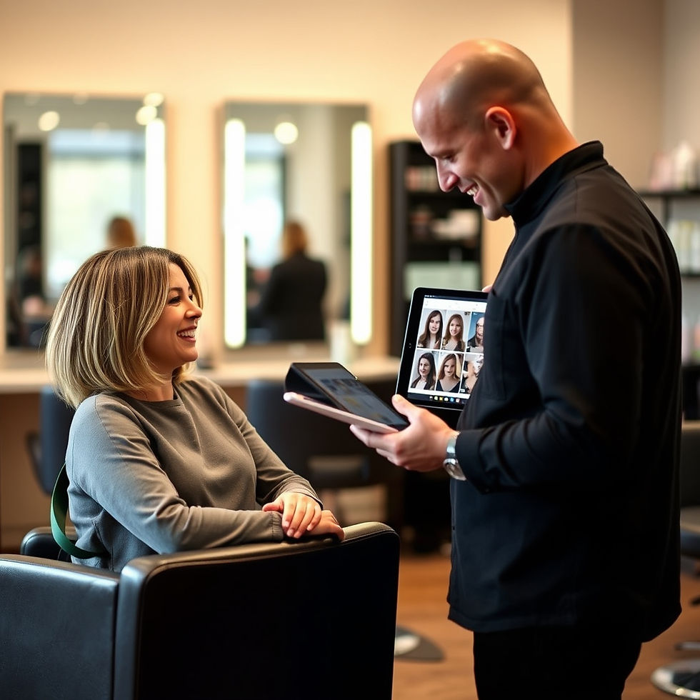 Woman in salon chair smiling at stylist showing hairstyle options on tablet. Bright, modern interior with mirrors and blurred background.