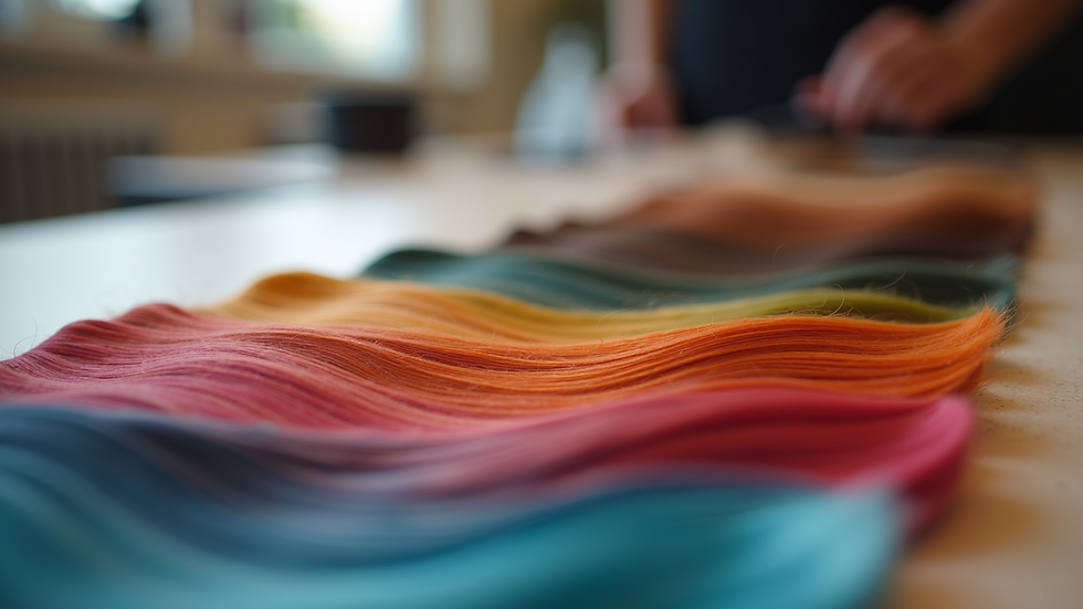 Close-up view of hair color swatches on a salon table