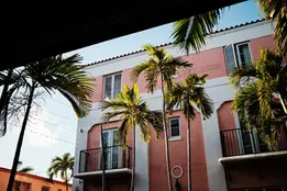 Palm trees lit by warm afternoon sun in front of a pink Art Deco building in Miami, Florida.