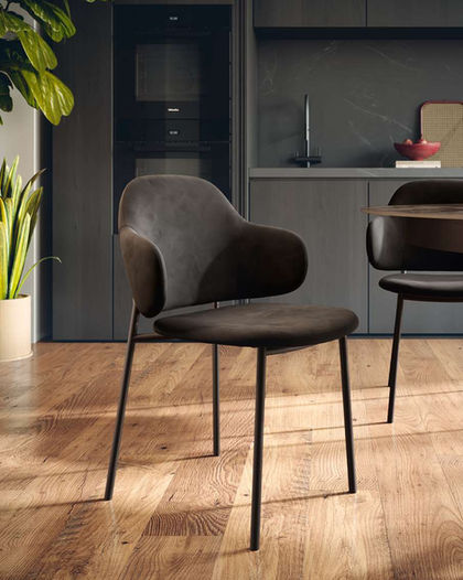 Moderna elegantna stolica sa zakrivljenim naslonom, u kuhinjskom okruženju Alba Dominante.