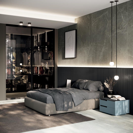 Moderan dizajn spavaće sobe, plavi noćni stolovi, garderober od stakla i kožni krevet