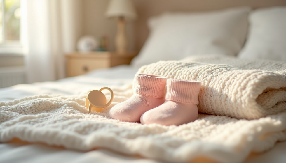 Pink baby socks and a pacifier sit on a cream knit blanket in a cozy sunlit bedroom, evoking warmth and tranquility.