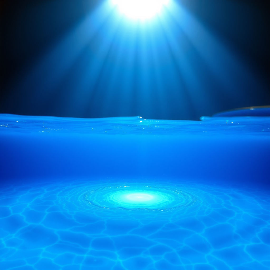 blue swimming pool water magically illuminated from above at night.  Pool water should cov