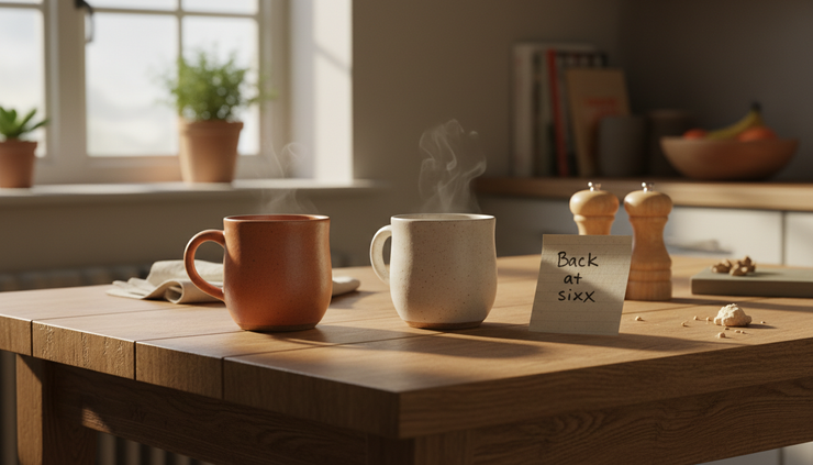 Eye-level view of two mugs on a kitchen table beside a handwritten note.