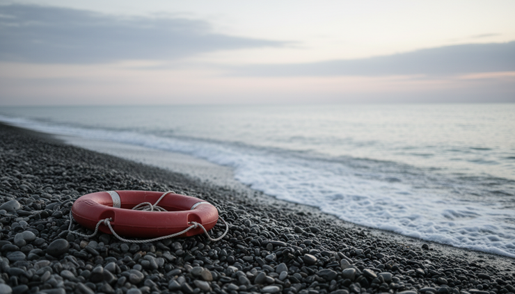 Wide-angle view of a red lifebuoy resting on a quiet shoreline.