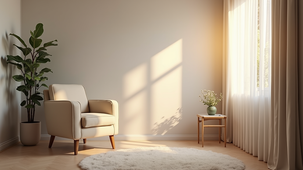 Eye-level view of a calm therapy room with a comfortable chair and soft lighting