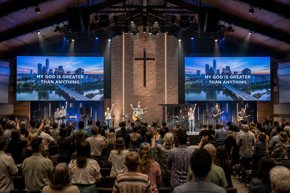 Modern church sanctuary with two large-format LED video walls providing clear visibility for worship content, live video and presentations.