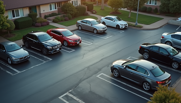 High angle view of a well-organized community parking lot with marked spaces