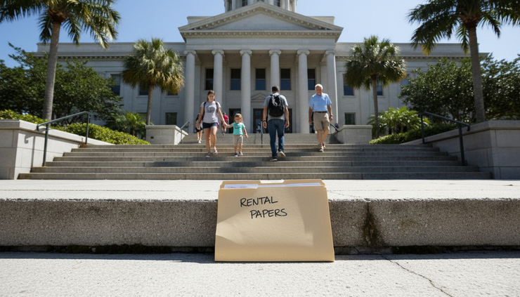 Eye-level view of county courthouse steps in Florida with a simple rental folder in the foreground.