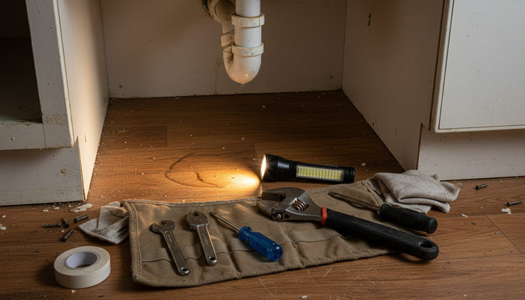 Close-up view of a home repair toolkit beside a leaking pipe under a sink.