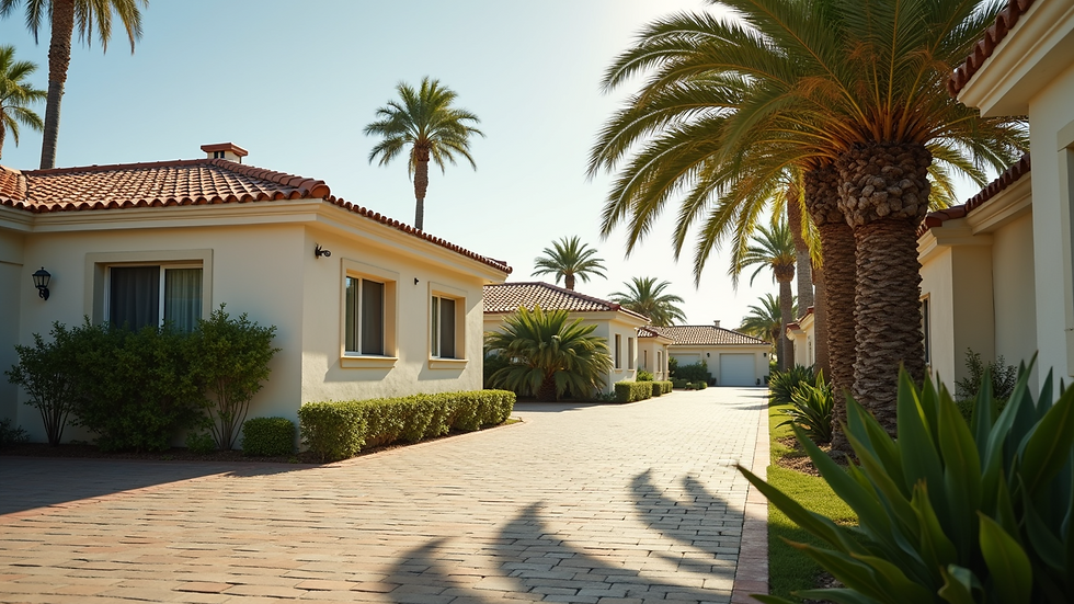 Close-up view of a rental property with palm trees