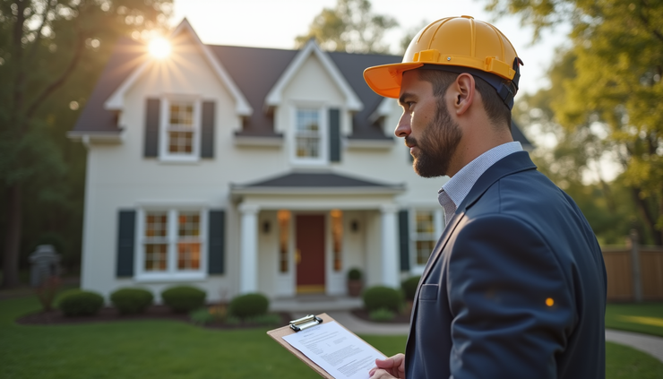 High angle view of a property manager inspecting a rental home exterior