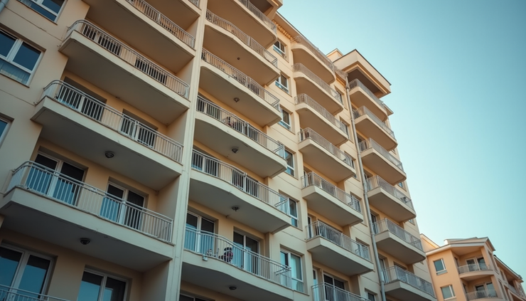 Eye-level view of a residential apartment building exterior with balconies