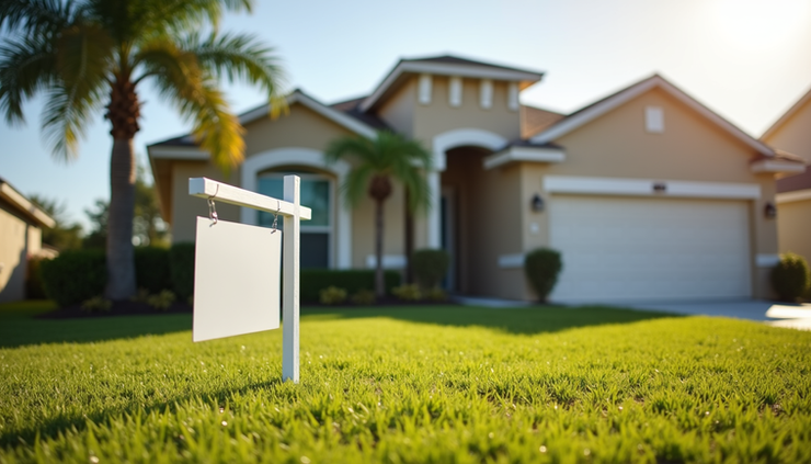 Eye-level view of a Central Florida rental home with a "For Rent" sign on the lawn
