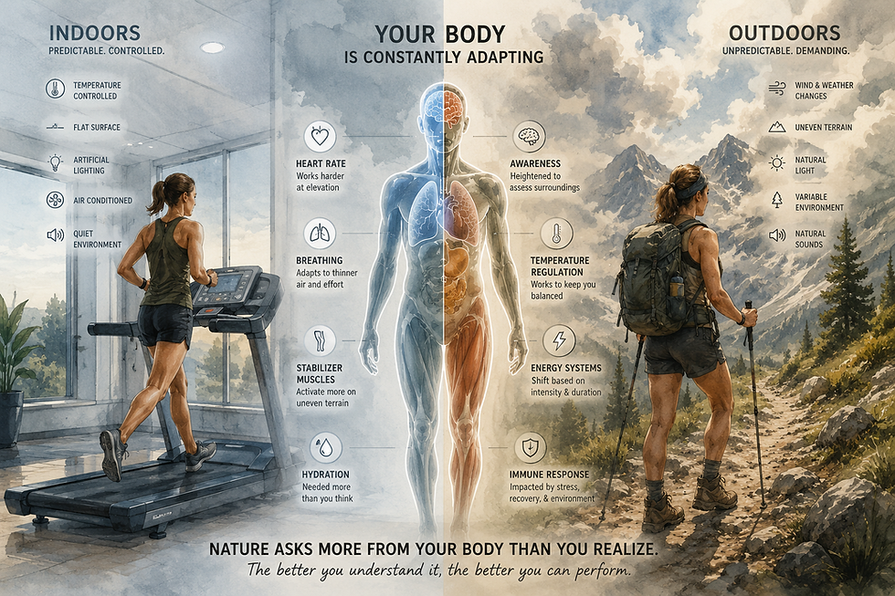 Educational infographic comparing indoor and outdoor exercise, showing how heart rate, breathing, awareness, temperature regulation, muscles, hydration, and energy systems adapt differently in nature.