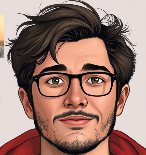 A man with glasses and a red hoodie is surrounded by small photos of landscapes and people. Background is a soft gray. Various scenes.