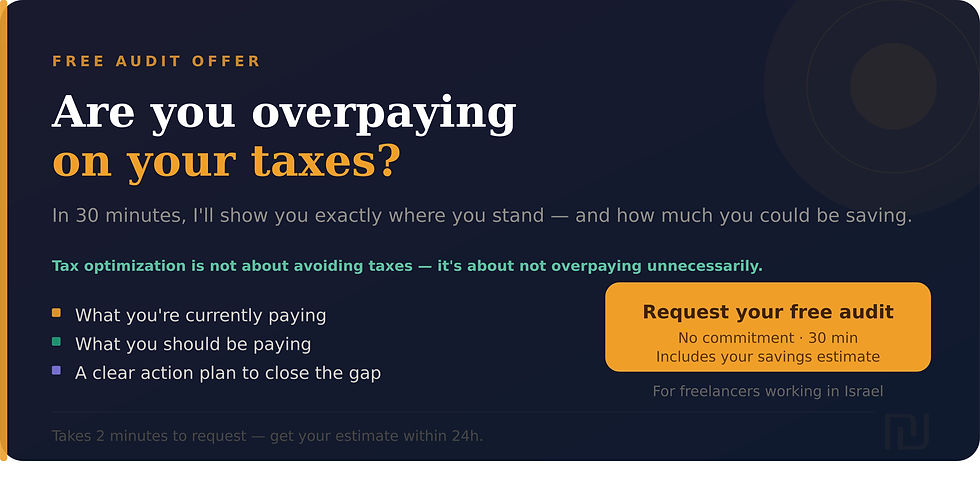 Free tax audit offer for freelancers in Israel showing how to reduce taxes, compare current vs optimal payments, and get a financial optimization plan