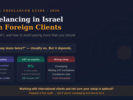 Freelancers in Israel working with foreign clients guide showing VAT 0% on exports, double taxation usually avoided, and risks of poor tax setup