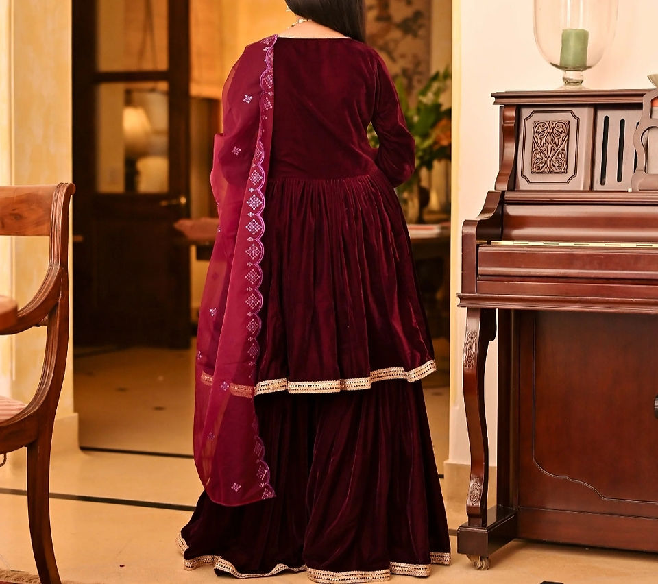 Velvet maroon sharara / Gharara , wedding look , outfits , festive season , anarkali 