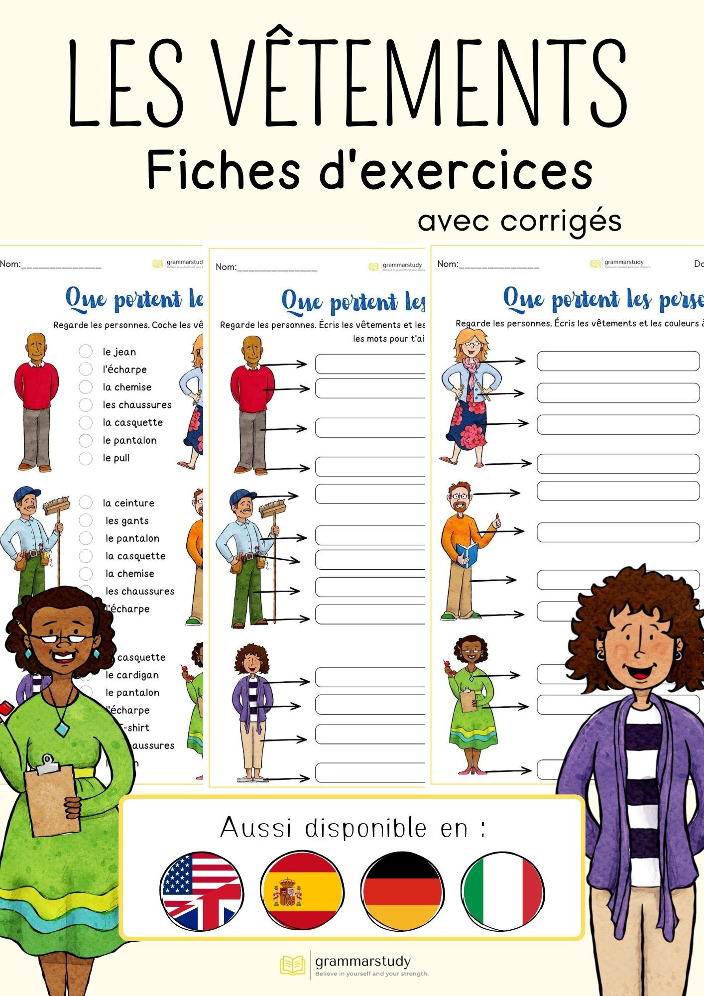 🇫🇷 Vêtements – Fiches de travail | Que portent les personnes ? (avec corrigés)