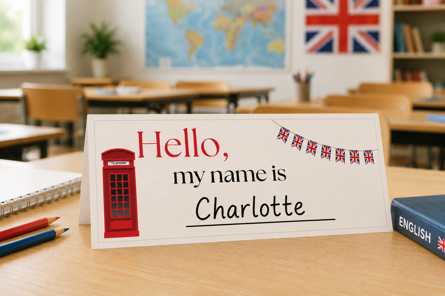 🇬🇧 Desk name - Namensschild mit Redemitteln Englisch