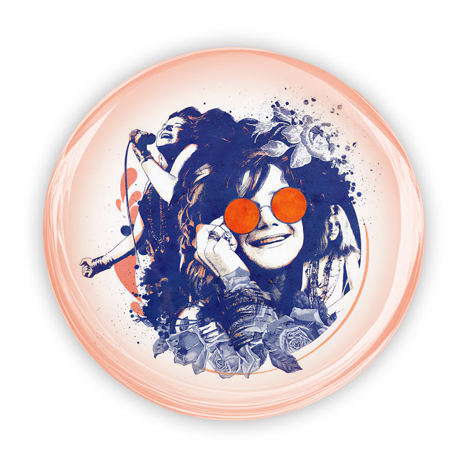 Botton Janis Joplin com ilustração estilizada da cantora e óculos redondos
