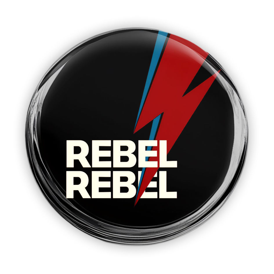 Botton David Bowie 025 com raio e o texto Rebel Rebel