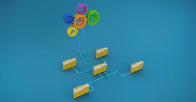 Colorful gears connected to five yellow folders with blue lines on a blue background, symbolizing network or data organization.