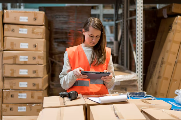 Woman in an orange vest holds a tablet in a warehouse with stacked boxes. She looks focused, standing near a clipboard and scanner.