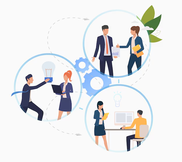 Three teams in circles collaborate: presenting results, exchanging ideas, and working at a computer. Blue gears and green leaves in the background.
