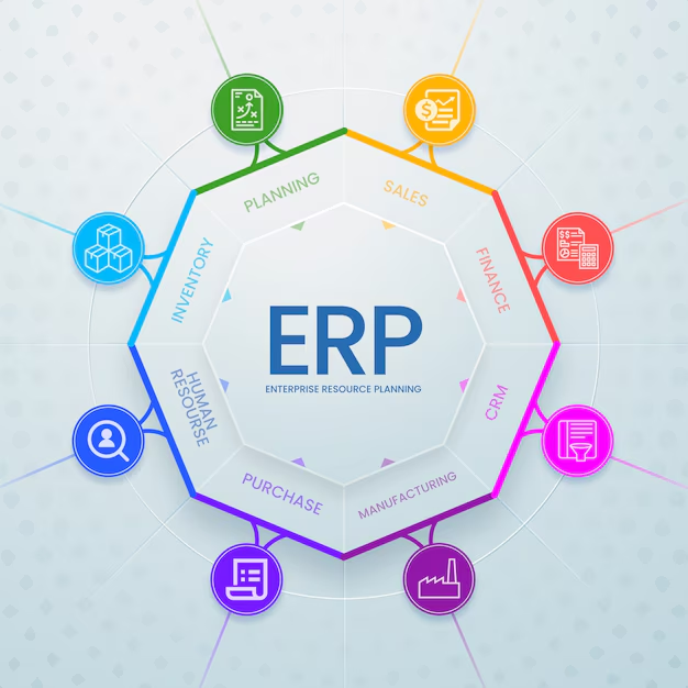 ERP diagram with hexagonal hub, colorful icons for Inventory, HR, Planning, Sales, Finance, CRM, Manufacturing, Purchase on a gray background.