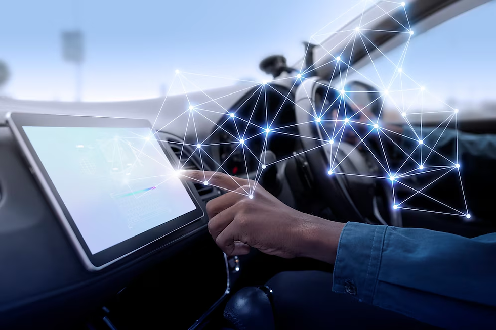 Person in car interacts with a digital touchscreen displaying a network of glowing lines. Steering wheel visible. Futuristic technology theme.