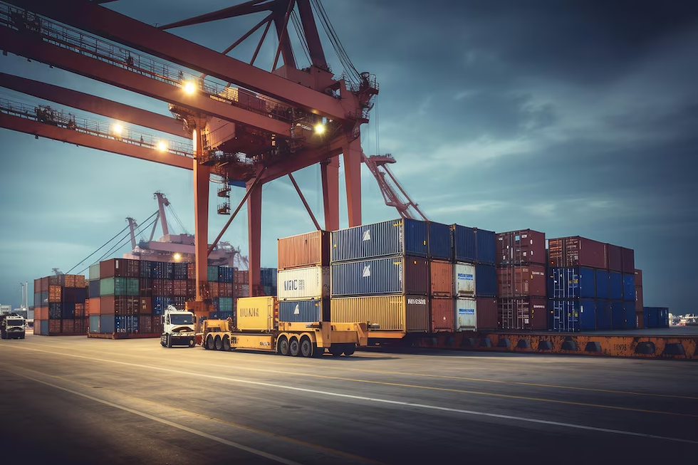 Container trucks and cranes operating at a busy shipping port during twilight, illustrating global logistics and freight transport.