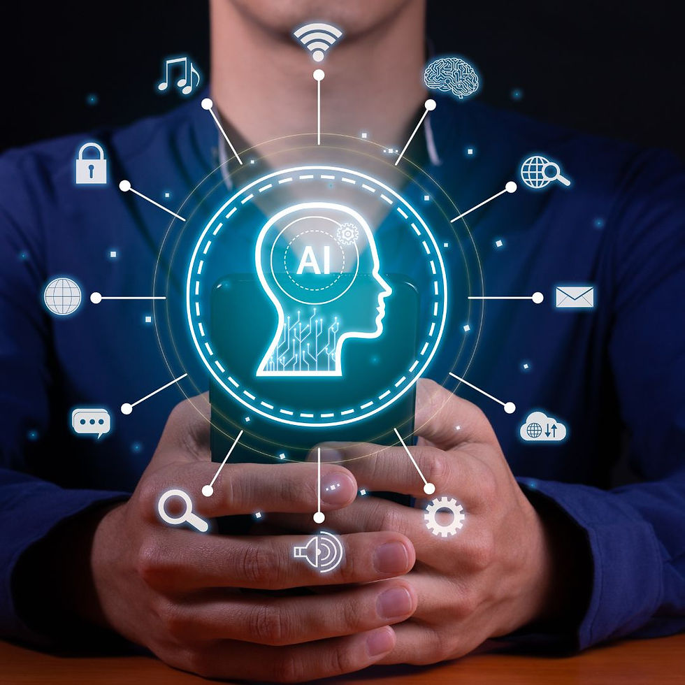Person holding a smartphone, with AI-themed holographic graphics and icons radiating out, symbolizing connectivity and technology.