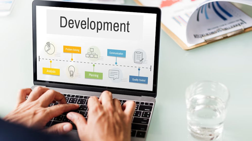 Hands typing on a laptop displaying a development process diagram. Text includes "Development" and stages: Analysis, Planning, Quality Control.