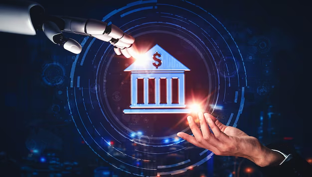 AI and human hands reaching for bank building icon with dollar sign, glowing in digital setting, symbolizing fintech collaboration.