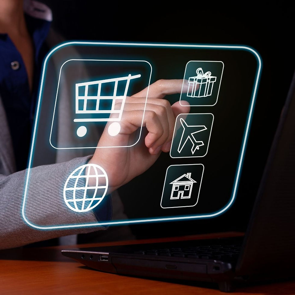 A hand interacts with a glowing digital interface displaying icons: shopping cart, gift, airplane, house, globe. Laptop in the foreground.