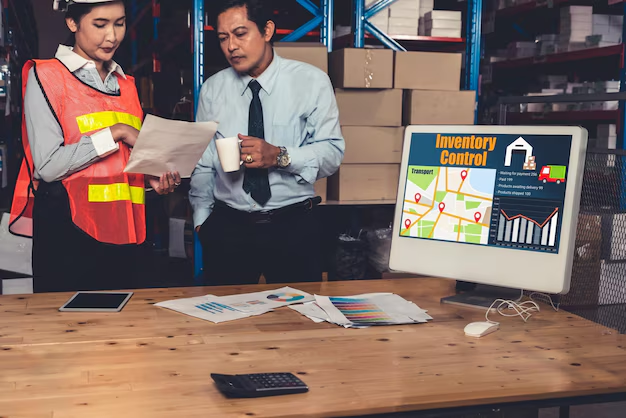 Two people in a warehouse review documents near a desk with charts and a monitor showing "Inventory Control." One holds a coffee mug.