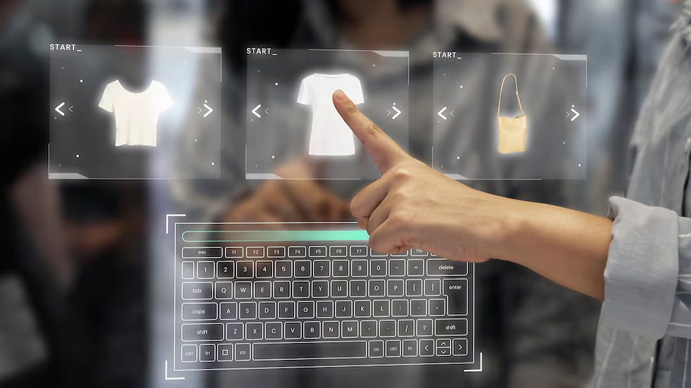 Hand interacting with virtual touchscreen displaying clothing items. Digital keyboard visible. Futuristic shopping interface, modern setting.