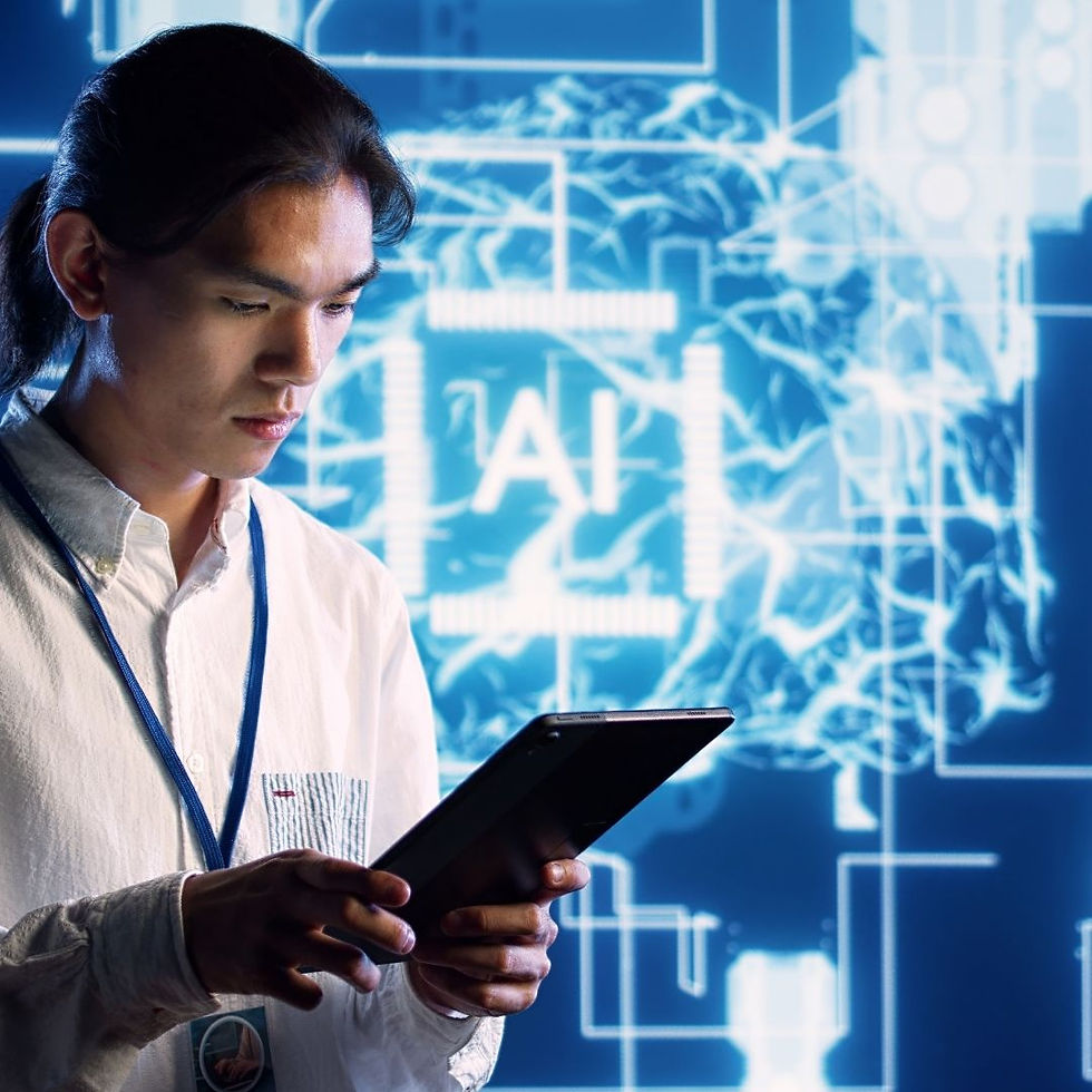 A person in a white shirt uses a tablet against a blue background with AI text and brain imagery, evoking a tech-focused atmosphere.