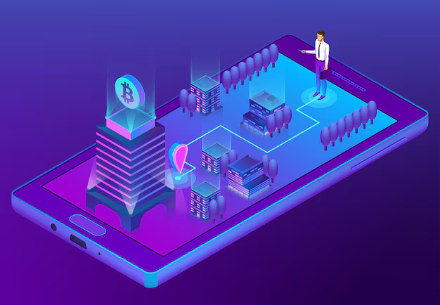 A person stands on a large smartphone displaying a digital cityscape with Bitcoin symbol, servers, and colorful neon lights, conveying a tech theme.