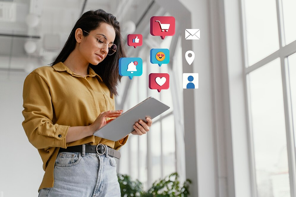 A woman using a tablet in a bright office, with social media icons floating around her, representing digital interaction and engagement."