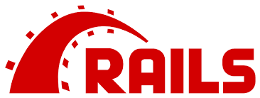 he official Ruby on Rails logo in red, showcasing the iconic "Rails" text with a curved railroad track desig