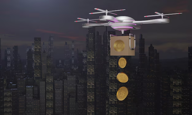 A drone flies over a cityscape at night, carrying a box with golden coins hanging below. Purple lights glow on the drone.