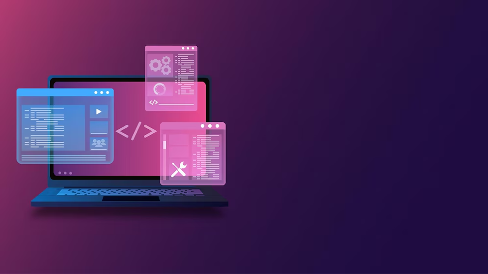 A digital illustration of a laptop with code and design elements floating around the screen, symbolizing web development and programming.