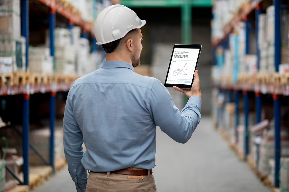 Man in hard hat and blue shirt holds a tablet, displaying "Delivery Notification," in a warehouse aisle with shelves of boxes.